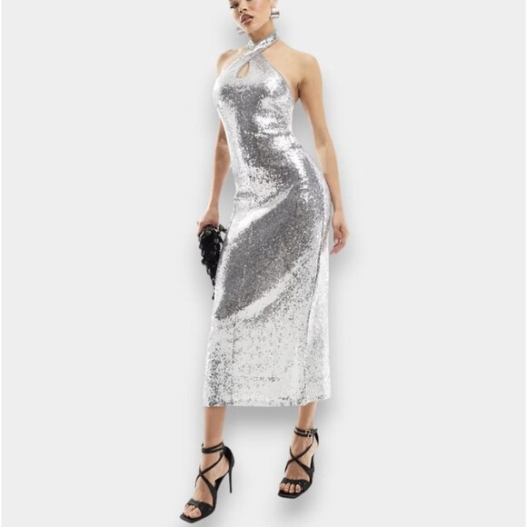 Mango Halterneck Sequin Midi Dress Silver Keyhole Cocktail Event Prom NWT - Picture 1 of 16